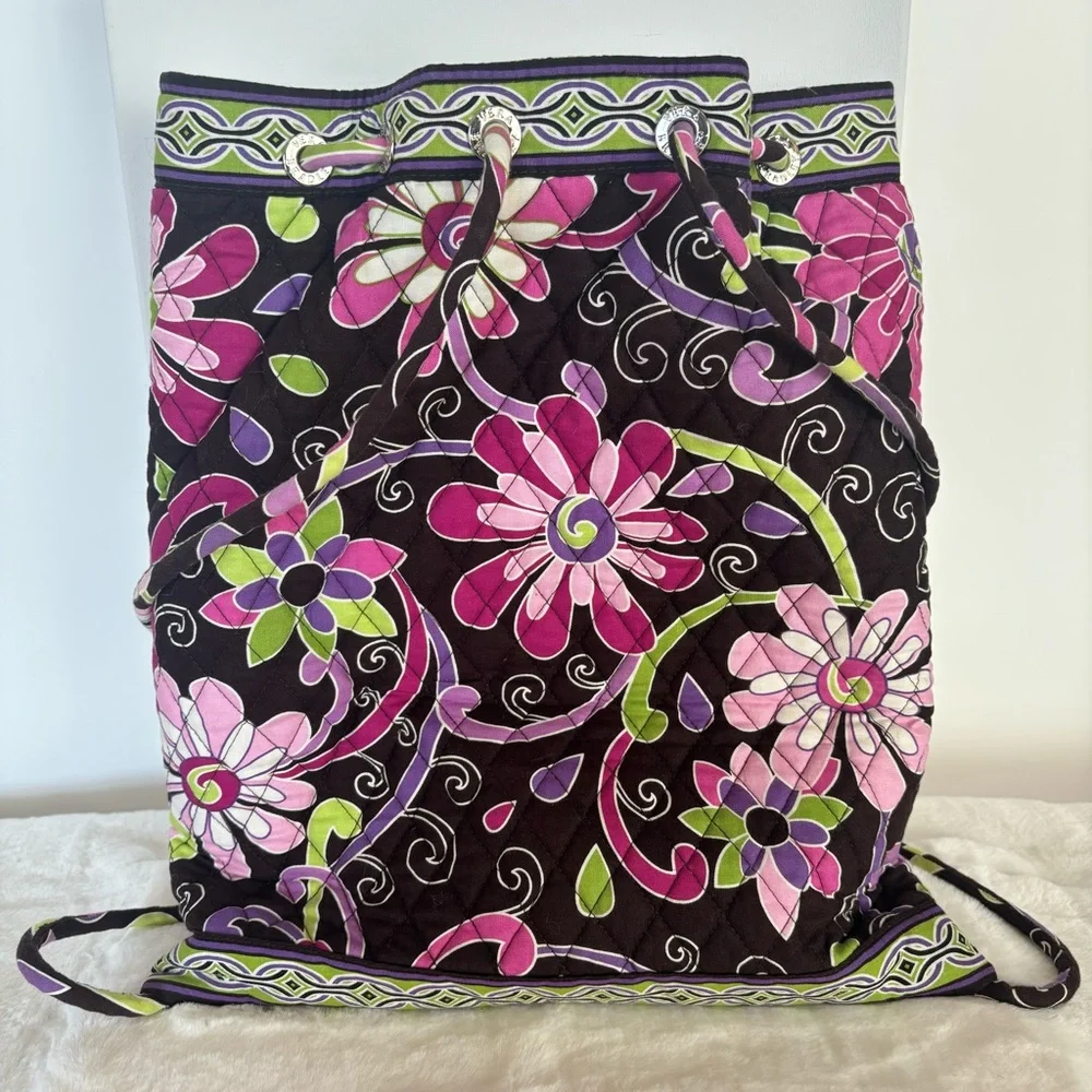 Vera Bradley Purple‎ Punch Floral Black Green Pink Quilted Drawstring Backpack
